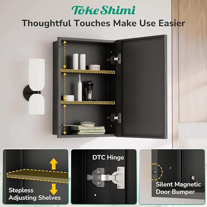 TokeShimi 60x30 Recessed Medicine Cabinet with Mirror, Black Medicine Cabinet Mirrored Aluminum Alloy, Wall Mounted Metal Beveled Mirror with Storage for Bathroom Vanity