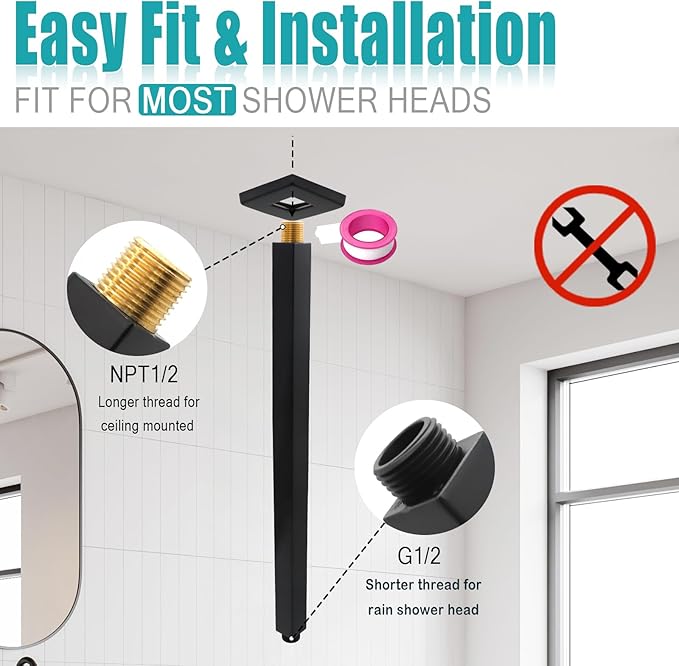 Matte Black Shower Arm with Flange and Teflon Tape for High Ceiling or Fixed Rain Showerhead, Universal Connection 16-inch Square Straight Shower Head Extender Extension Pipe, 304 Stainless Steel