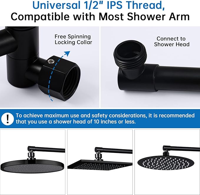G-Promise 13 Inch Shower Head Extension Arm, Solid Brass Height & Angle Adjustable Extender, Rise or Lower Rainfall and Fixed Shower Head (Matte Black)