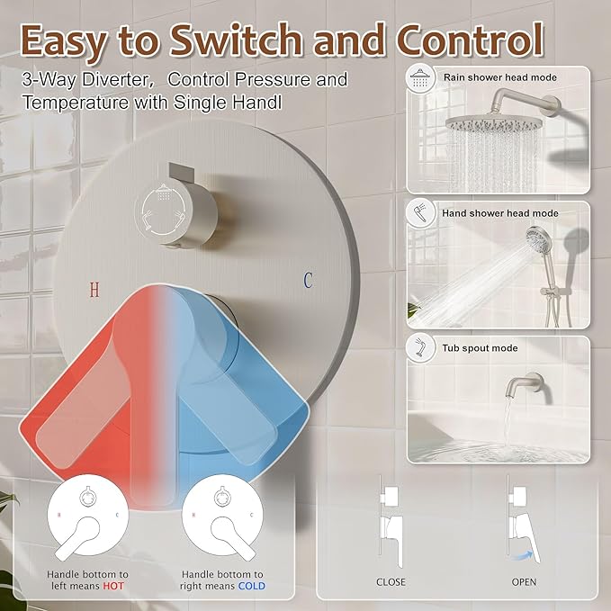Iriber Brushed Nickel Bathtub Shower Faucet Set，Bathroom Shower System with Tub Spout ，Filtered Shower Head with Handheld, 9 Spray Mode Showerhead,Shower Valve Trim Kit Contain Cartridge,10 Inch