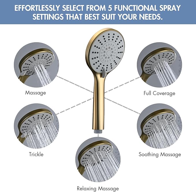 Adjustable Shower Slide Bar with 5-Function Handheld Shower Head, Stainless Steel Drill-free Mounted Slide Bar Combo with Extra Hose (Brushed Gold)