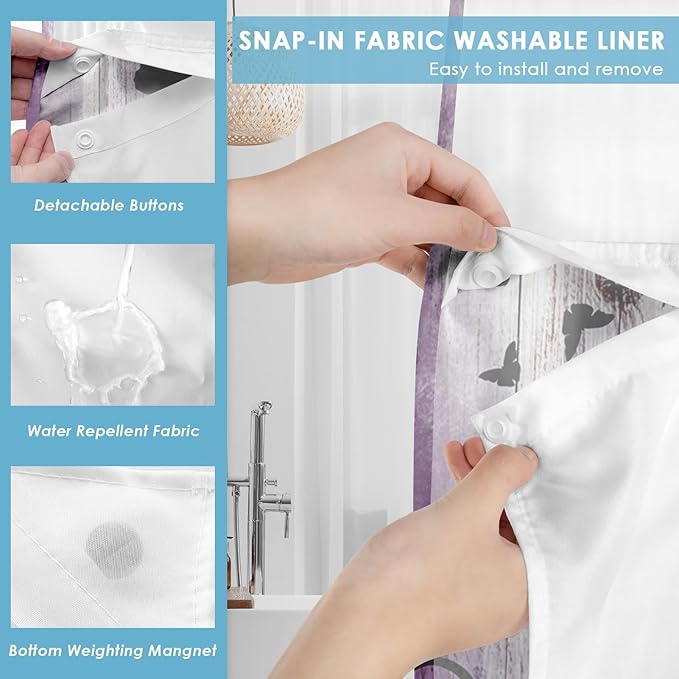 No Hook Purple Flower Shower Curtain with Snap in Fabric Liner Set, Rustic Farmhouse Daisy Double Layers Waterproof Fabric with See Through Top Window Open Grommet Bath Curtain 54x80 Inch