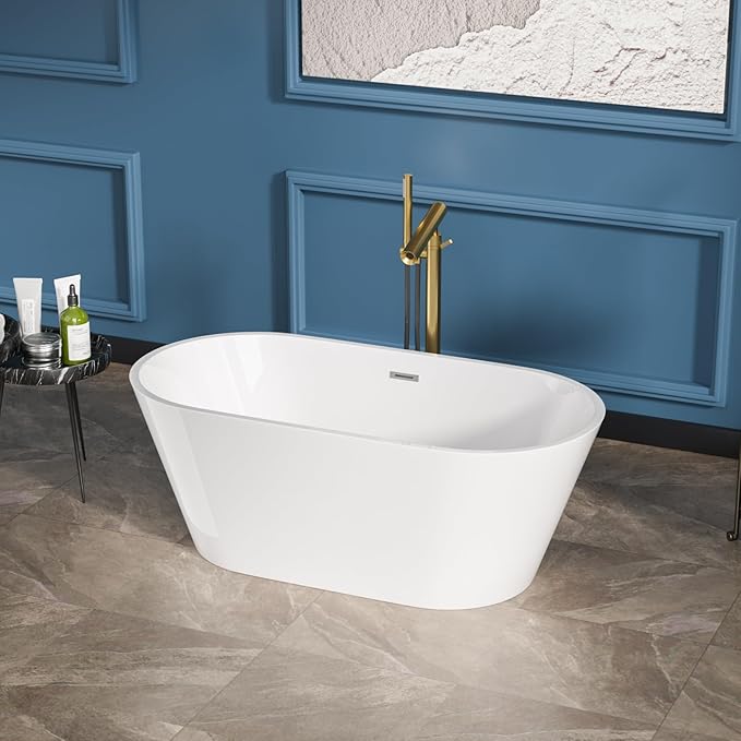 Sarlai 59 Inch Acrylic Freestanding Soaking Bathtub Contemporary Soaking White Tub Stand Alone Ergonomic Bathtub with Gold Drain