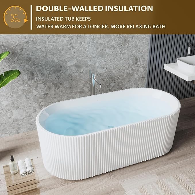 59" Acrylic Freestanding Bathtub with Textured Stripes, Deep Soak Tub, Space-Saving, Glossy Surface, Luxury Spa Design for Modern Bathrooms