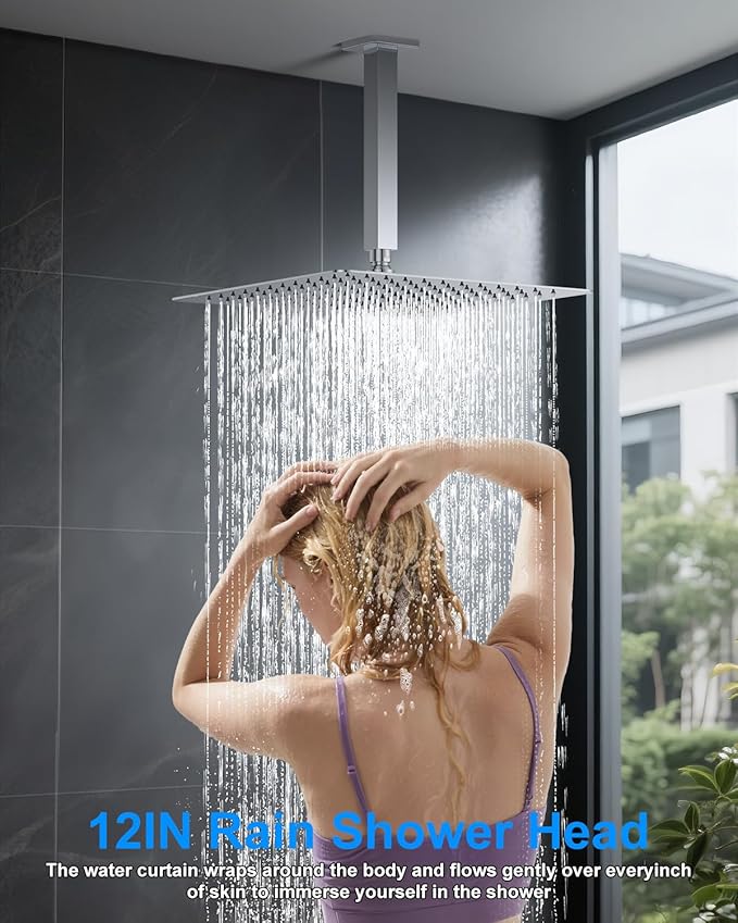 Shower System with Pressure Balance Valve, 12" Ceiling Mount Shower Faucet Set with 2 Rain Shower Head And Multi-function Handheld Head Push Button Diverter Pressure Balancing Valve Kit,Chrome