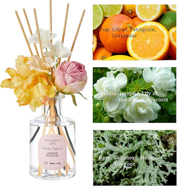 Chloefu Lan Flowers Reéd Diffuser for Girls Room Decor, 6.7oz with 9 Sticks, Jasmine Blossom Scent Diffusers for Home, Scentsy Home Fragrance, Scented Oils, Home & Bathroom Décor