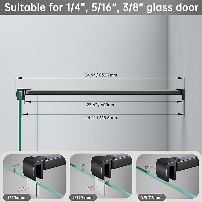 Frameless Shower Door Support Bar, Stainless Steel Wall-to-Glass Support Arm to Fixed Shower Glass Panel, for 1/4"-3/8" (6-10 mm) Door, 180° Pivot & Stow-Flat Mode (Matte Black, 23.6-inch(600mm))
