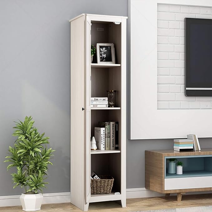 Giantex Tall Storage Cabinet Freestanding Floor Storage Tower with Four Shelves and Single Door, 17x16x72 Inch, Narrow Utility Cabinet for Living Room, Bathroom (Grayish White)
