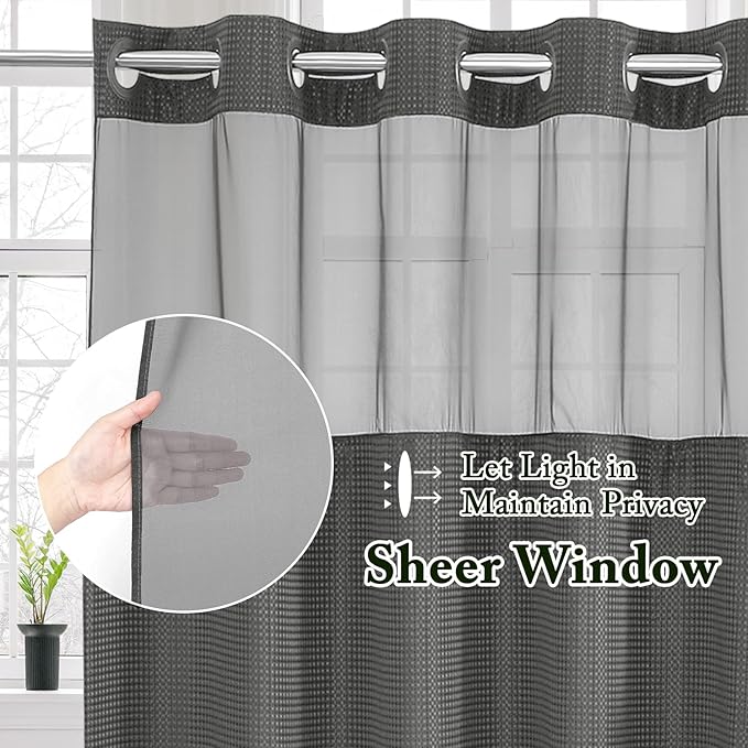 Gibelle No Hook Waffle Weave Shower Curtain with Snap-in Fabric Liner Set for Bathroom, Hotel Style with Mesh Top Window, Waterproof & Washable, Charcoal Grey, 72x74