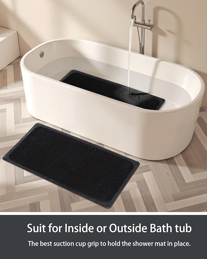 Mecko Non Slip Shower Mats, 16x40 Inch, Anti-Slip Bathtub Mats with Suction Cups for Bathroom, Foot Scrubber Loofah Bath Mats for Shower, Quick Drying Shower Stall Mats for Wet Areas (Black)