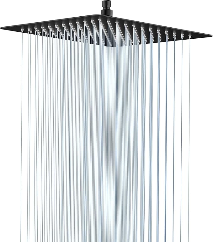 Rain Shower Head, High Flow Stainless Steel Square Rainfall Shower, Waterfall Bath Shower Body Covering, Ceiling or Wall Mount, Ultra Thin (12 Inch, Matte Black)