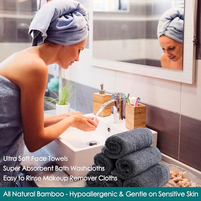 Wash Cloths 12 Pack, Reusable Makeup Eraser Towel, 13x13 inch Large Washcloths for Face and Body, Super Soft and Skin Friendly Face Towel on Sensitive Skin, Easy to Rinse Grey Facial Cleaning Cloths