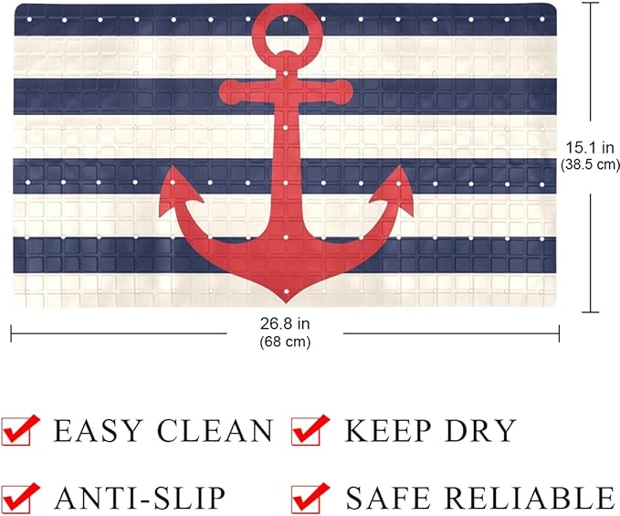 Bathtub Mats for Shower Tub, Anti-Slip Bath Mats for Inside Tub, Bathroom Shower Mats with Drain Holes and Suction Cups (Red Anchor on Navy Blue Stripes Background)