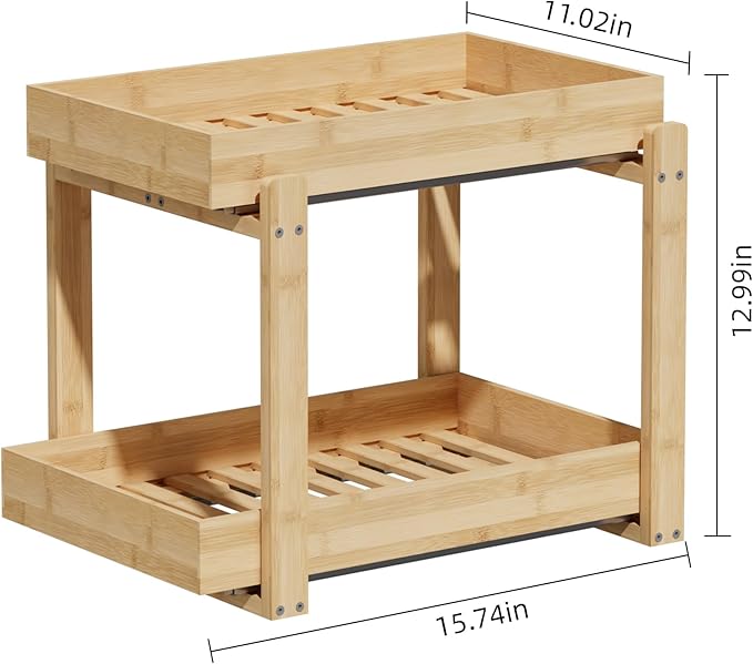 2 Pack Under Sink Organizer, Bamboo Wooden 2-Tier Pull-Out Storage with Sliding Drawers for Kitchen and Bathroom Cabinets, Easy Installation (Natural, 2 Packs)