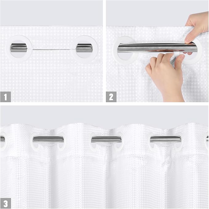 MitoVilla No Hooks Needed Grey Ombre Waffle Shower Curtain Liner Set, Modern Waffle Weave Heavy Duty Fabric Cloth Shower Curtain with Snap-in Liner for Luxury Neutral Hotel Spa Bathroom Decor, 72 x 74