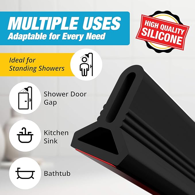 Shower Threshold Water Dam Barrier 98" - Black Collapsible Shower Water Blocker - Shower Guard for Walk in Shower - Water Guard Stopper for Floor - Shower Dam - 1.5" Tall - By Hippo Dam