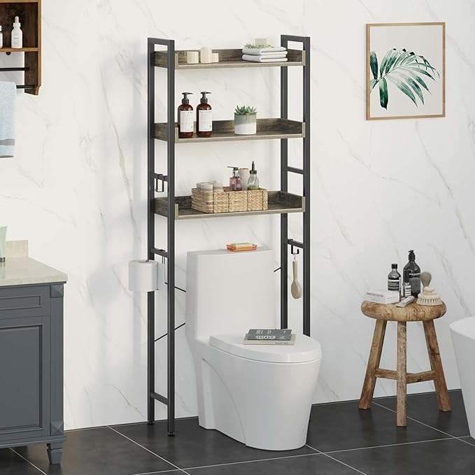 Rolanstar Over The Toilet Storage Rack, 3-Tier Bathroom Space Saver with Adjustable Shelves, Bathroom Organizer for Bathroom, Washroom, Gray