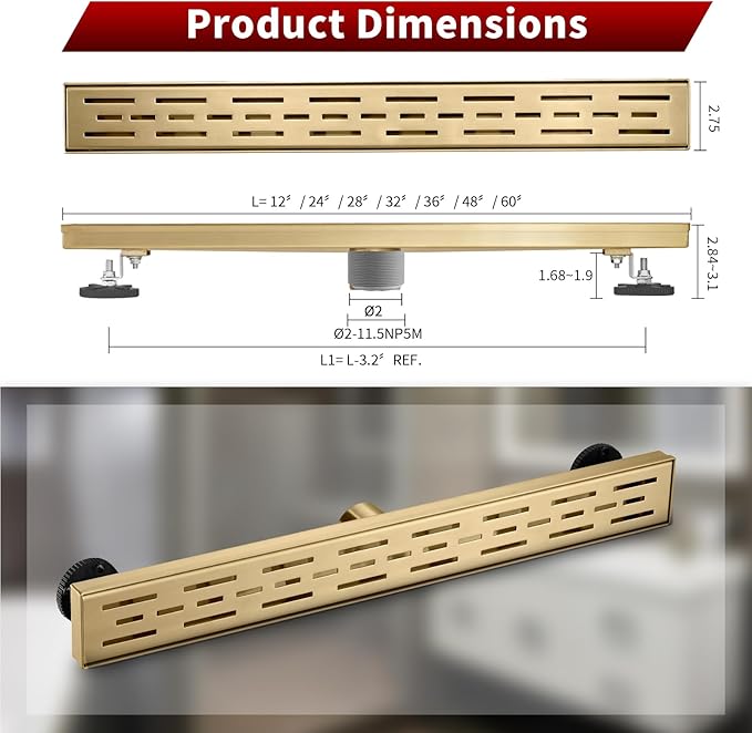 Sharp-tec Linear Shower Drain, 28inch Shower Drain with Removable Pattern Cover, Brushed Gold 304 Stainless Steel Rectangle Floor Drain, Adjustable Feet and Hair Strainer Included (Model 101)