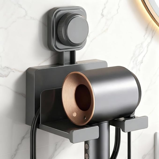 Suction Cup Hair Dryer Storage Organizer with Shelf & Hooks for Bathroom. Reusable, ABS Plastic, Rustproof, Wall Mounted. No Drill, No Glue, Nail Free (Gray, Standard)