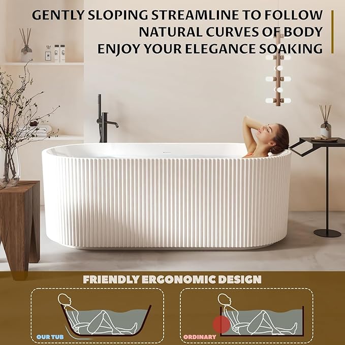 59" Free Standing Tub, Acrylic Soaking Bathtub, Stand Alone Freestanding Tub with Matte Sliver Drain and Overflow, Contemporary Bathtub for Bathroom, Pleated Gloss White