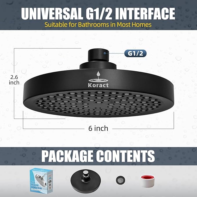 Shower Head High Pressure Rain Premium Quality Luxury Design Anti-Clogging Silicone Nozzles Adjustable Replacement for Bathroom Shower Heads (6 inch Round) (Matte Black)