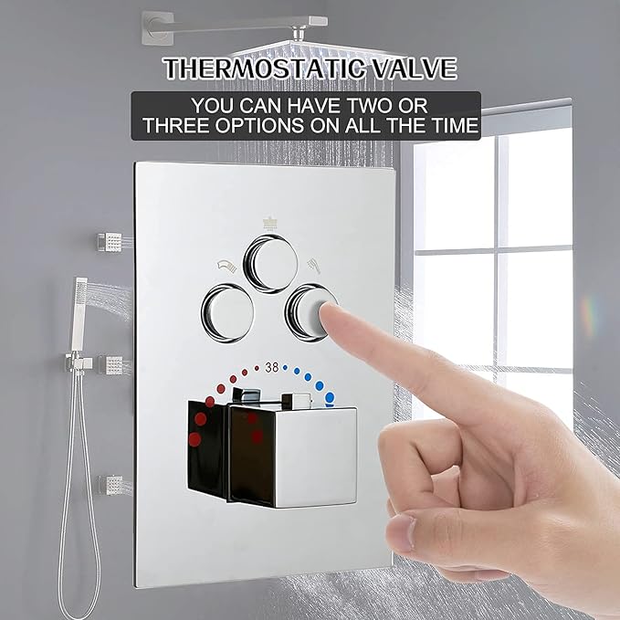 3-Function Brass Shower Diverter Thermostatic Valve Pressure Balanced Mixer with Trim in Polished Chrome,Can Use All Function At a Time