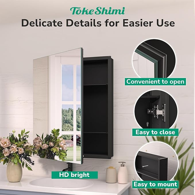 TokeShimi 36 x 24 Recessed Medicine Cabinet Mirror with Storage Black, Aluminum Tempered Wall Medicine Cabinet Mirror Bathroom with Adjustable Metal Shelves Modern