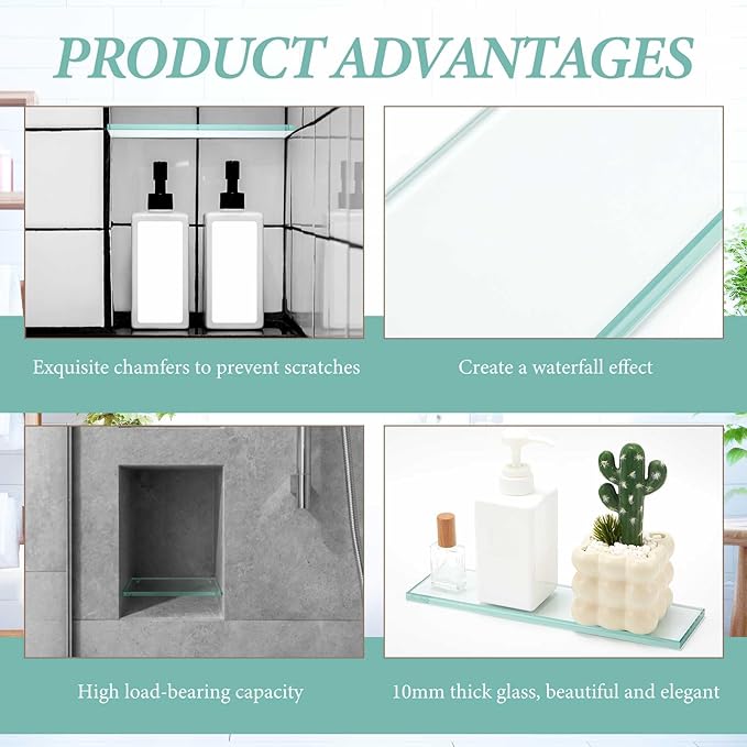 2 Pcs 3-3/8" x 12" 3/8" Thick Tempered Glass Shelf Clear Flat Polished, Flush-Mounted Floating Shelf for Bathroom Essentials & Shower Niche No Mounting Hardware Required