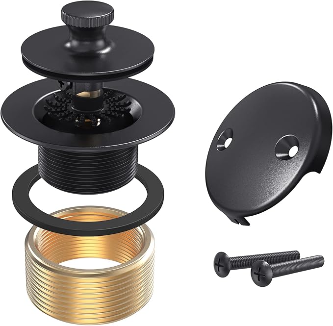 Matte Black Tub Drain and Overflow Kit, Replacement Bath Tub Drain Trim Set,Lift & Turn Bathtub Drain Kit with 2-Hole Overflow Faceplate Conversion Kit Assembly Fine/Coarse Thread