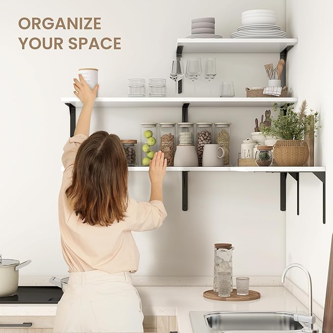 Fun Memories Floating Shelves for Wall, 12 Inch Deep Floating Shelves Set of 2, Wall Mounted Shelf with Metal Brackets, Rustic Wood Wide Shelf for Bathroom, Kitchen and Living Room, White, 36W x 12D