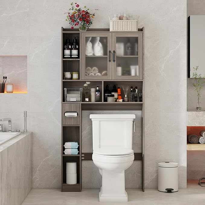 Vabches Over The Toilet Storage Cabinet, Farmhouse Storage Cabinet Over Toilet with Acrylic Doors，Home Space-Saving Toilet Rack, for Bathroom, Restroom, Laundry(Grey