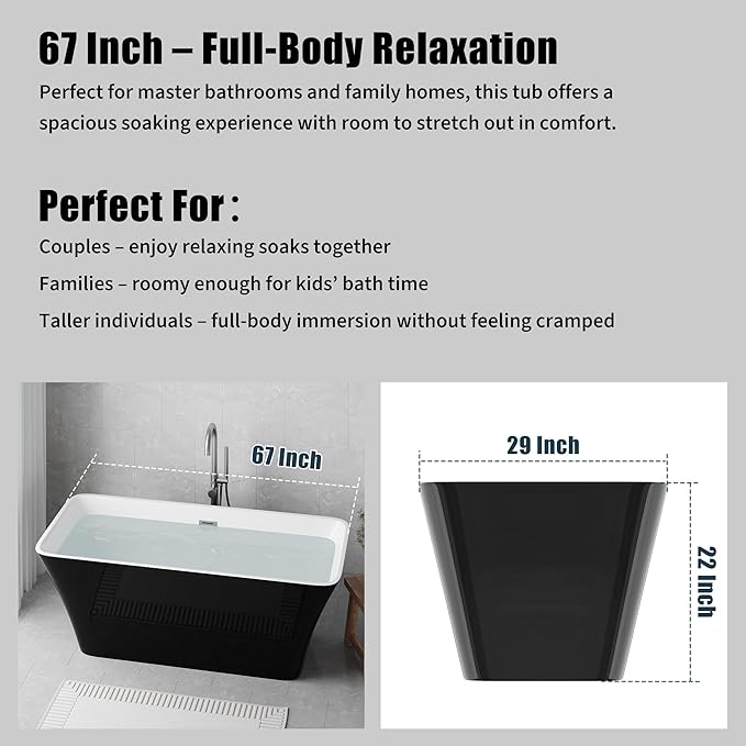 67 Inch Freestanding Acrylic Bathtub, Modern Black Soaking Tub with Chrome Overflow & Drain, CUPC Certified, Deep Soaking Design for Luxurious Spa Experience, Contemporary Bathroom Centerpiece