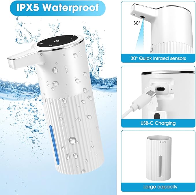 2 Pack Touchless Automatic Soap Dispenser, Smart Sensor Foam Hand Wash Dispenser, USB Rechargeable & Adjustable Customizable for Bathroom Countertop Kitchen Sink, 13.5 oz White Stripes