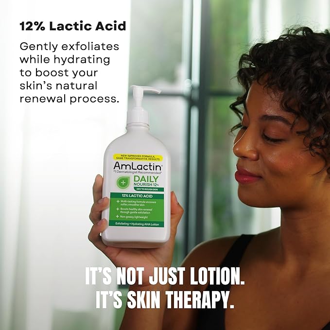 AmLactin Daily Nourish Therapeutic Body Lotion for Dry Skin - No-Scrub Exfoliator and Moisturizer - AmLactin 12% Lactic Acid Lotion, 7.9 oz (Packaging May Vary)