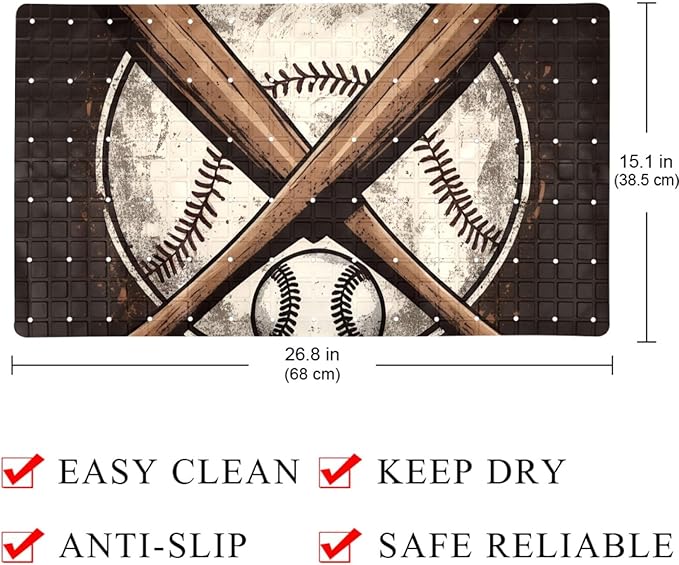 Bath Tub and Shower Mats, Non Slip Bathmat with Drain Holes and Suction Cups for Bathroom Floor, 15.1 x 26.8 Inch (Vintage Crossed Baseball Bat)