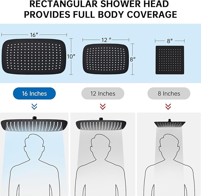 G-Promise All Metal 16 Inch Shower Head with Massage Mode Handheld, Rain Shower Head with Handheld Spray Combo, 3-Way Diverter with Pause Setting, 13 Inch Adjustable Extension Arm (Matte Black)