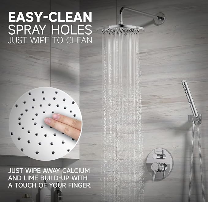 Lava Odoro Modern 2-Setting Round Rain Shower System with Handheld Spray, Chrome Rainfall Shower Faucet Set Rain Shower Head and Handle Set, Shower Valve Trim Kit,10 Inch, Chrome, SF104-C