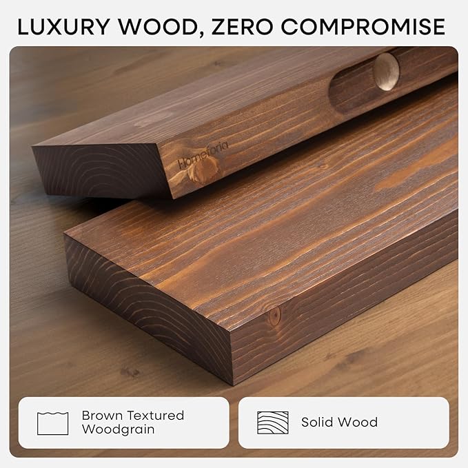 Homeforia Classic Walnut 42 inch Floating Shelf, High End Solid Real Wood Small 42inch Floating Shelves for Wall Mounted, 42in Floating Shelves, Heavy Duty Bracket, 42 X 6.5 X 1.75 inches, Set of 3