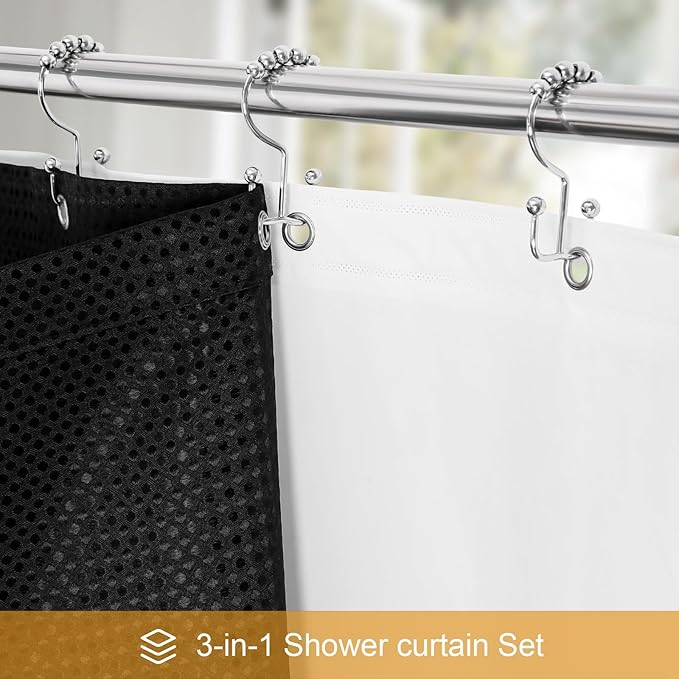 3 in 1 Extra Long Shower Curtain Set-72 W x 84 H, Black Waffle and PEVA Liner Set with 12 Stainless Steel Hooks, Waterproof Fabric for Bathroom