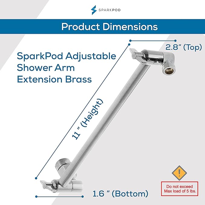 SparkPod 11" Solid Brass Shower Head Extension Arm - Flexible Height & Angle Adjustable Shower Arm Extension for Rain Showerheads with Sturdy Lock - Universal Pipe Connection (Luxury Polished Chrome)