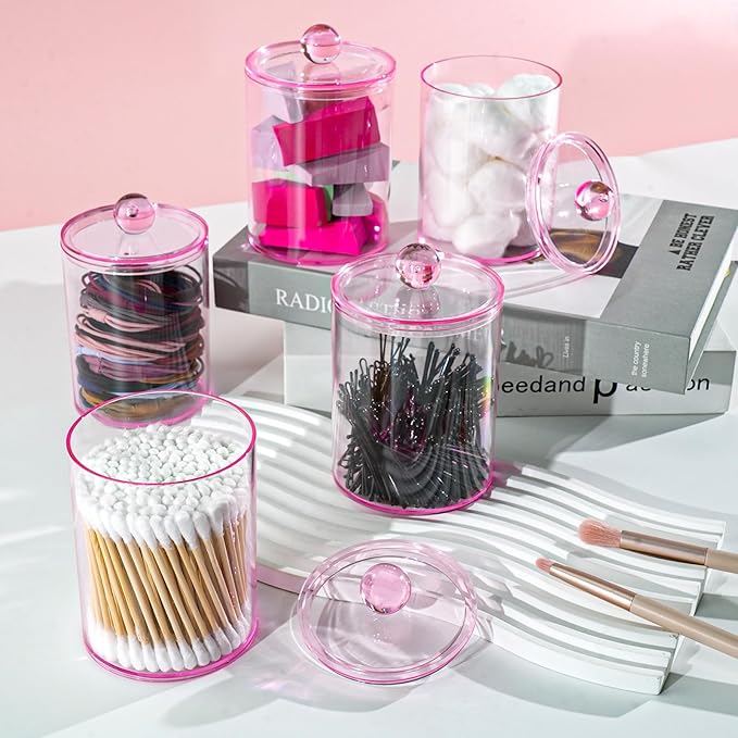 4 Pack Qtip Holder,Canister Apothecary Jar Set, Bathroom Jars with Lids Set for Cotton Swabs, Balls, Pads, Floss Picks,10oz-12oz Plastic Canisters Restroom Bedroom Vanity Organizer(Pink)