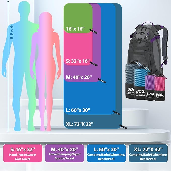 BOGI Microfiber Travel Sports Towel-Quick Dry Towel, Soft Lightweight Microfiber Camping Towel Absorbent Compact Travel Towel for Camping Gym Yoga Swimming Backpacking (XL:72''x32''+16''x16''-Purple)