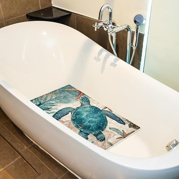 Bathtub Mats for Shower Tub, Anti-Slip Bath Mats for Inside Tub, Bathroom Shower Mats with Drain Holes and Suction Cups (Vintage Sea Turtle Starfish Turquoise and Teal Tones)