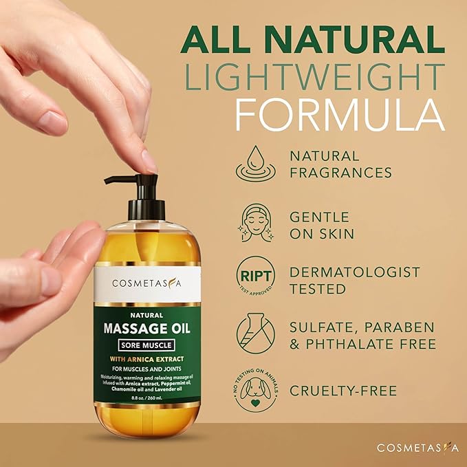 Cosmetasa Sore Muscle Massage Oil for Massage Therapy – All Natural, Cruelty-Free Full Body Massage Oils for Muscle Relaxing & Joint Comfort – Arnica Extract with Chamomile & Lavender Oil (16.9 oz)