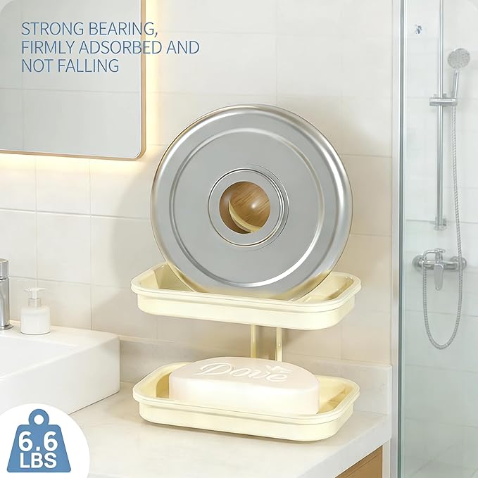 Dual-Suction Soap Dish Holder, Wall-Mounted No Drill Soap Saver with Double Layer Drying Rack, Strong Suction Cups for Bathroom, Shower, Kitchen Sink Countertop Organization