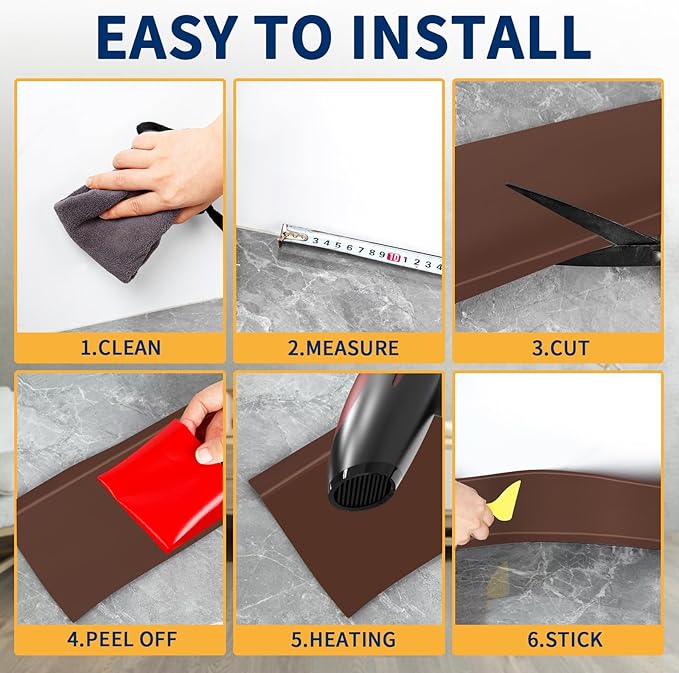Flexible Baseboard Molding Trim 6 Inch Self-Adhesive Vinyl Wall Base Peel and Stick Cove Base Rubber Wall Baseboard Moulding Trim (60Ft, Brown)