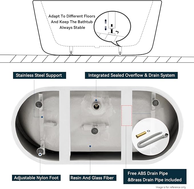 FerdY 59" Bali Acrylic Freestanding Bathtub, Gracefully Shaped Freestanding Soaking Bathtub, cUPC Certified, Toe-Tap Polished Gold Drain and Minimalist Linear Design Overflow Included