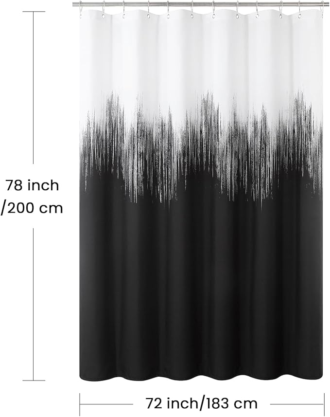 Long Fabric Shower Curtain, Black and White Microfiber Cloth Shower Curtains for Bathroom, Modern Waterproof Bathroom Curtains, 72" W x 78" H
