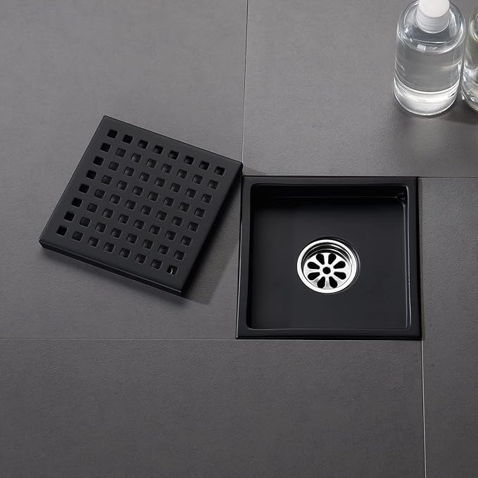 6 Inch Shower Drain Black Matte with Adjustable Shower Drain Base Flange SUS304 Stainless Steel Floor Drain Cover Removable Mesh Grille