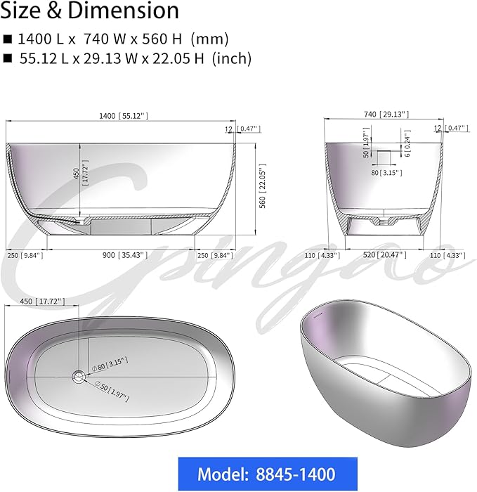 Cpingao 55" Stone Resin Freestanding Bathtub, Oval Contemporary Soaking Tubs, Solid Surface Stand Alone Tub with Drain & Integrated Slotted Overflow Matte White 8845-1400